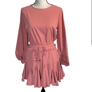 Mainstrip Peach Pink Long Sleeve Smocked Waist Ruffle Mini Dress – Size M
